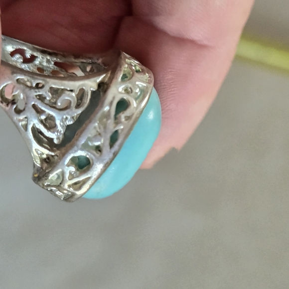 Large Faux Turquoise Silver Tone Ring Statement Sz 6.25 - Picture 8 of 12